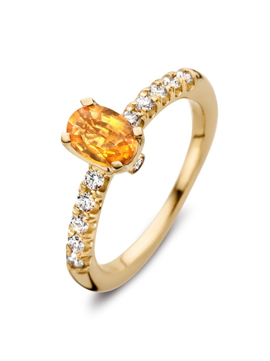 Solitairring geelgoud oranje saffier + briljant Solitairring geelgoud oranje saffier + briljant